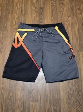 Fox Racing Mens 34 Boardshorts Swim Trunks Gray Orange Black Moto Logo Pocket